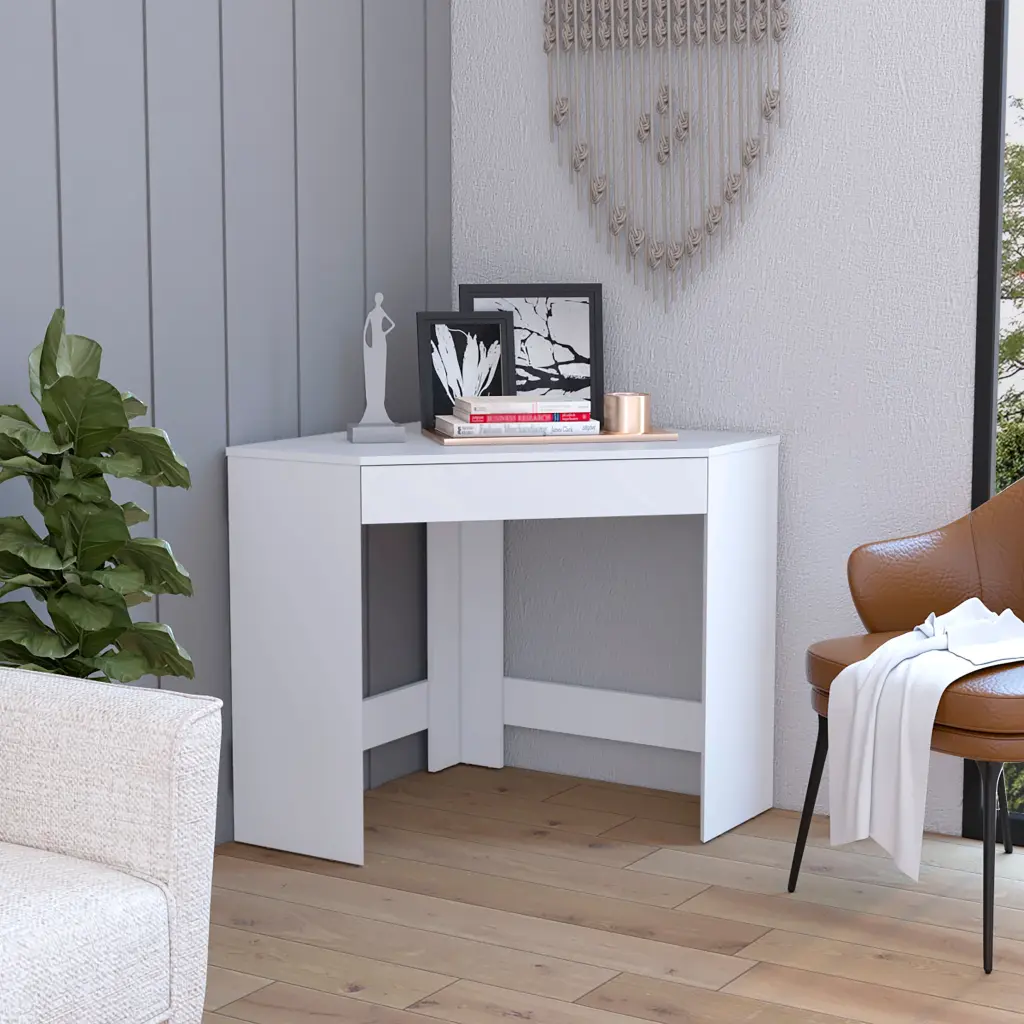 White Corner Desk Compact Design and Drawer Home Office rta mubles colombia