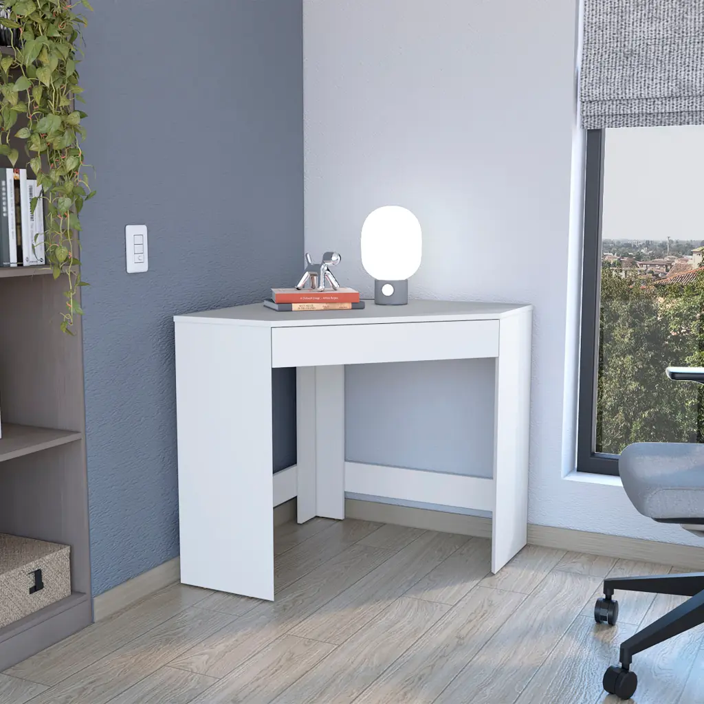 Amity Corner Desk Spacious Drawer and Optimal Workstation White Finish tuhome