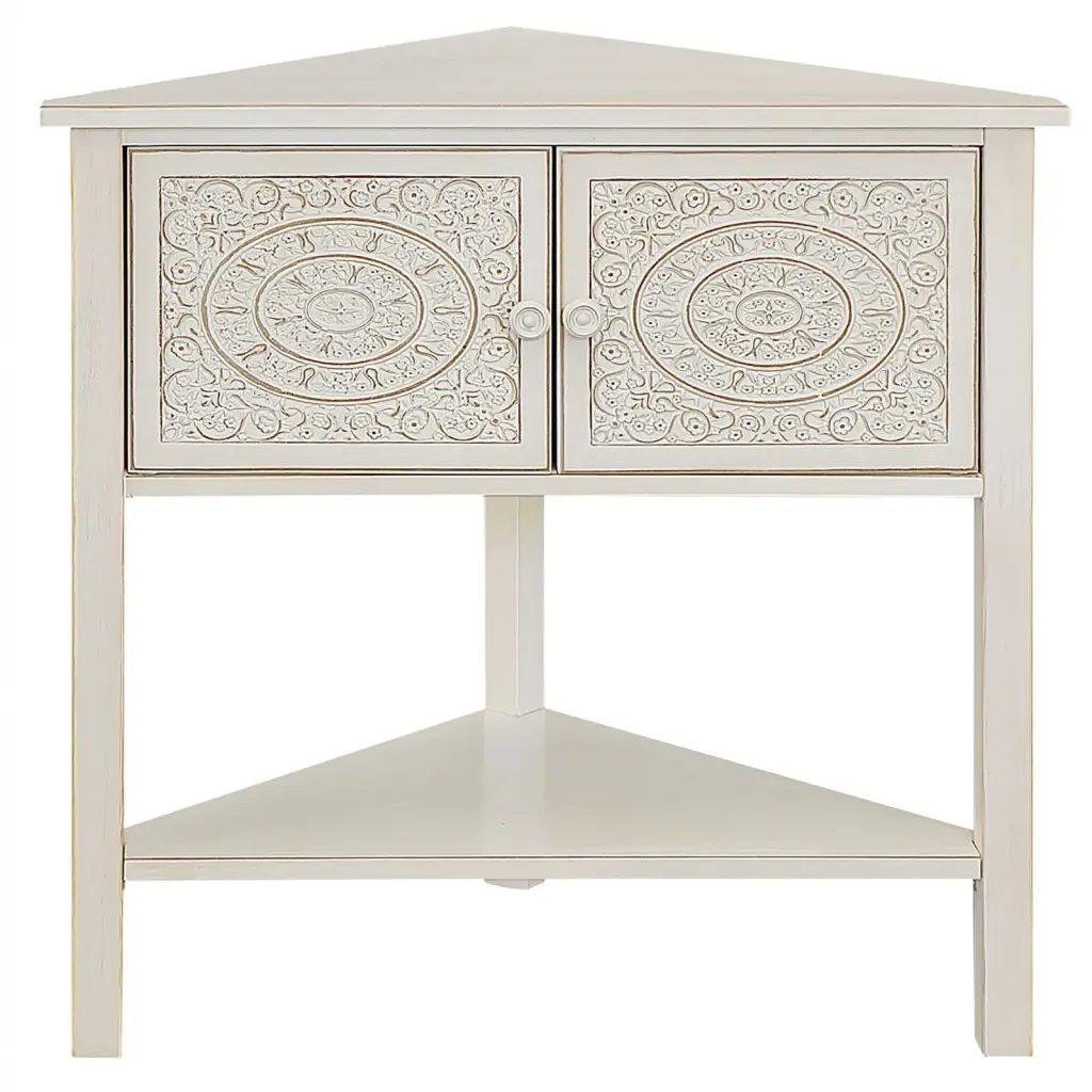 Gallerie Decor Antiqued Carved Transitional Wood Corner Table White
