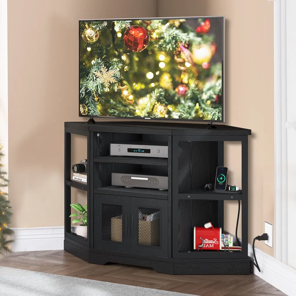 DWVO Farmhouse Corner TV Stand TVs up to 55 Inches Power Outlet and Storage Black Dextrus