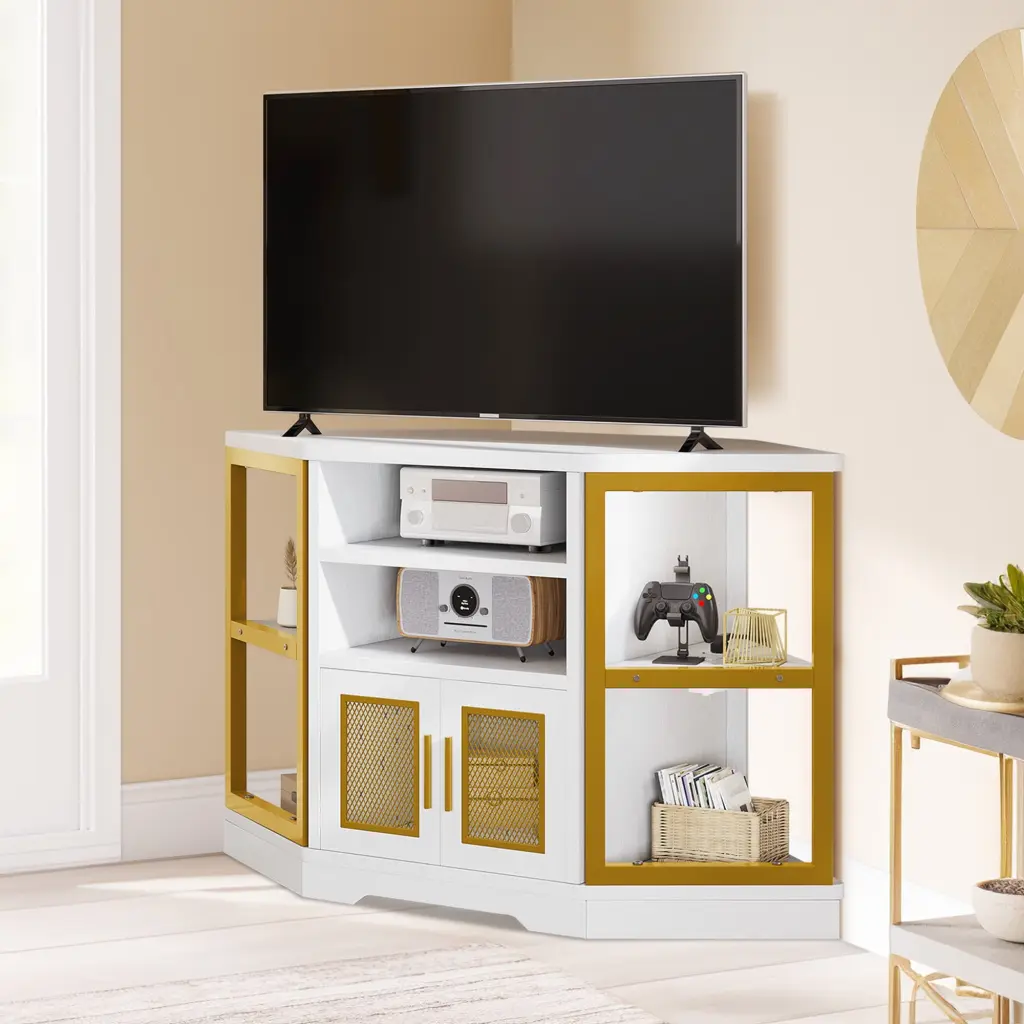 DWVO Farmhouse Corner TV Stand 55 Inch TVs Power Outlet White and Gold