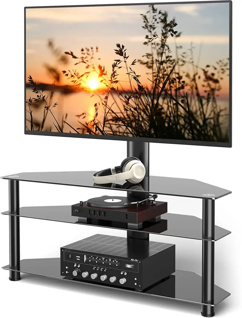 Corner TV Stand Mount and 3 Tier Tempered Glass Shelves 32-70 Inch TVs LukeMax
