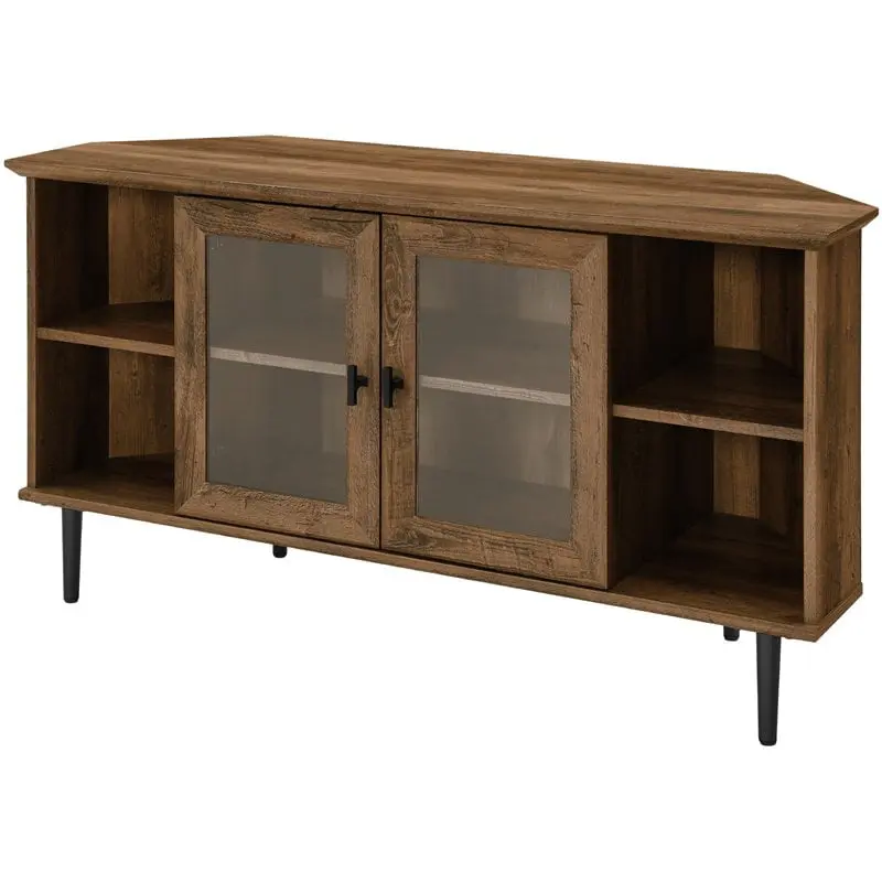 48 Inch Simple Glass Door Corner TV Console 4 Cubbies Rustic Oak Walker Edison