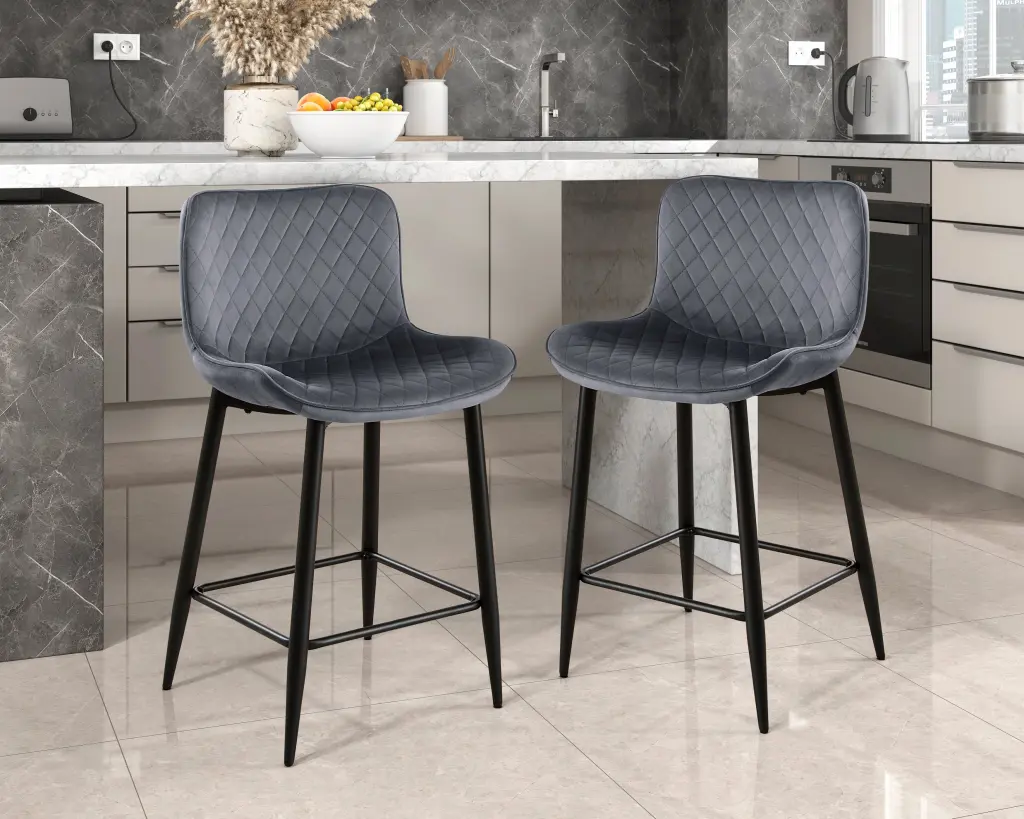 Set 2 Counter Height Chairs Dark Gray Velvet Upholstery Modern Casual kanepe