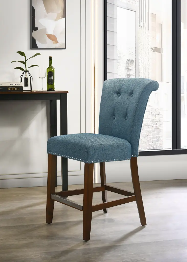 Auggie 20.5 Inch Blue Fabric Counter Height Chair Trim Comfortable Seating lilola home