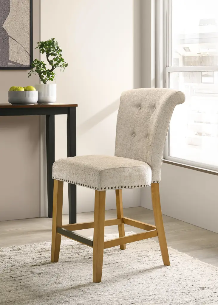 Auggie 20.5 Inch Cream Fabric Counter Height Chair Trim Kitchen or Dining lilola home