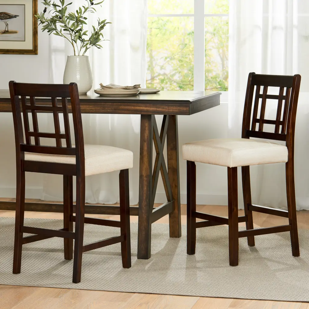 Counter Height Chair 5Cm Cushion Set 2 Mahogany Beige Velvet Dining Chairs nh-perfect home
