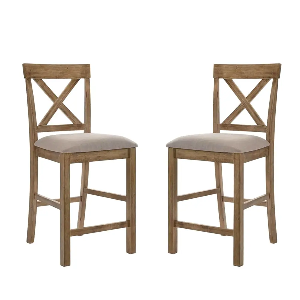 Set 2 Material and Timber Counter Height Chairs Rustic Oak and Brown simple relax