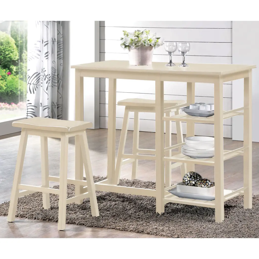 Buttermilk 3 Piece Counter Height Set Shelves Wood Wood White Seats furniture max