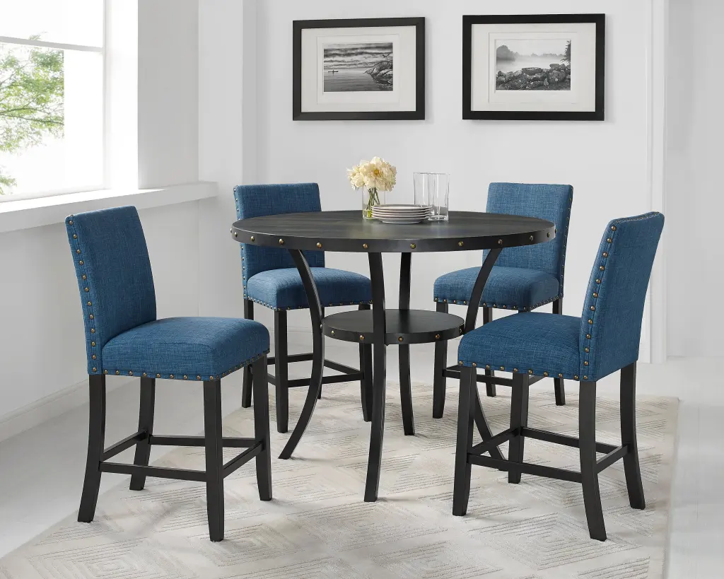 Biony Espresso Wood Counter Height Dining Set Blue Fabric Stools hz