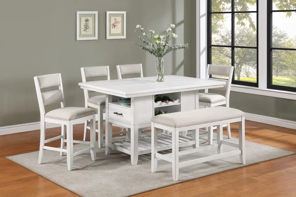 6-Piece Counter Height Dining Set White Rectangular Table and Wine Bottle Storage kanepe