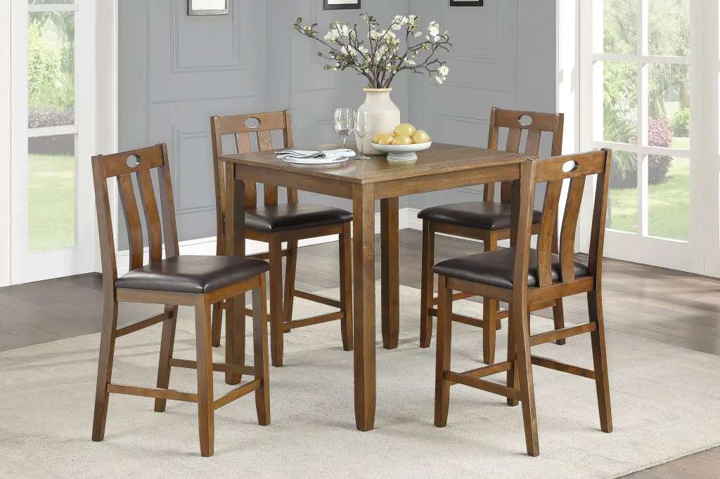 Brown Finish 5Pc Counter Height Set Dining Table And 4 Chairs Upholstered Seating kanepe