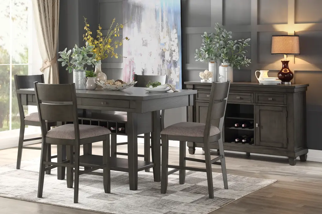 Counter Height 5Pc Dining Set Gray Finish Dining Table 4 Drawers And 4 Chairs kanepe