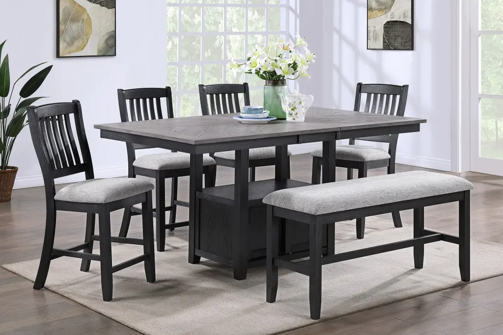 6 Piece Counter Height Dining Set Black Gray Finish Rectangular Table kanepe