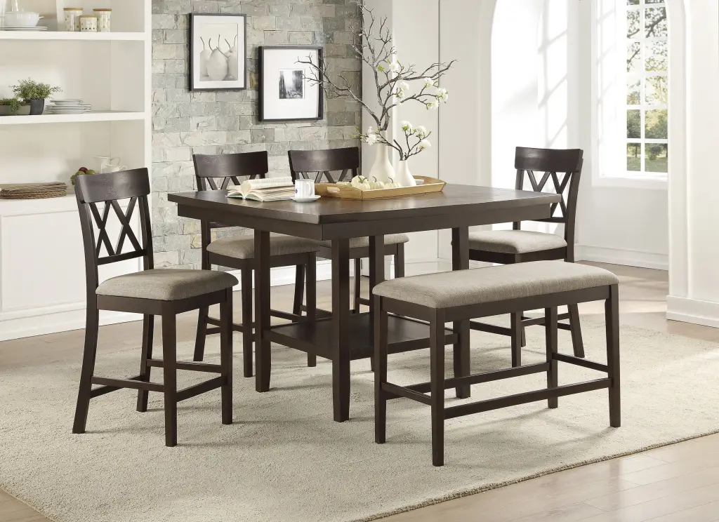 Dark Brown Finish Counter Height Table Lazy Susan Lower Presentation Shelf kanepe