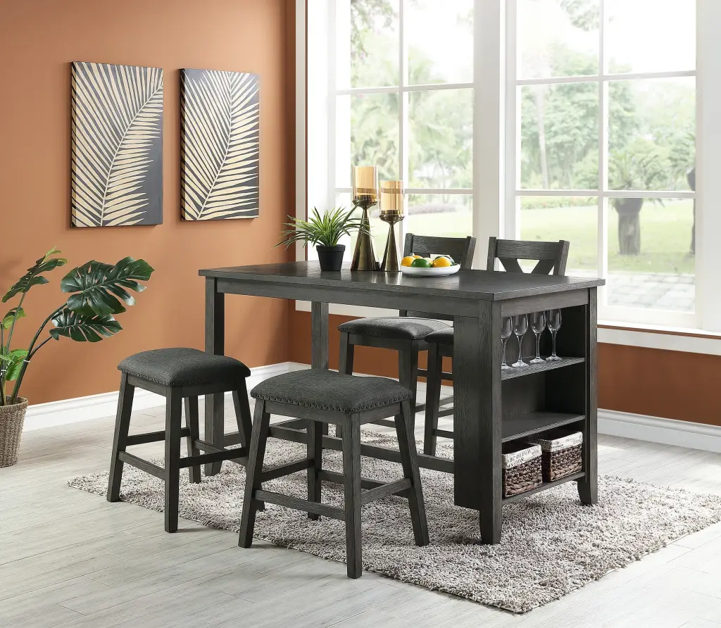 Modern Gray Finish 5Pc Counter Height Dining Table Storage Shelves kanepe