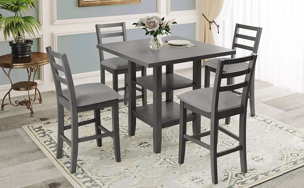 5 Piece Wooden Counter Height Dining Set Padded Chairs and Storage trexm
