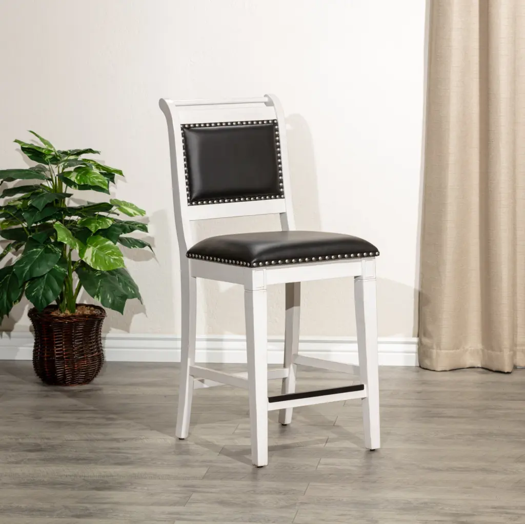 24 Inch Counter Stool Antique White Finish Black Leather Seat dty home