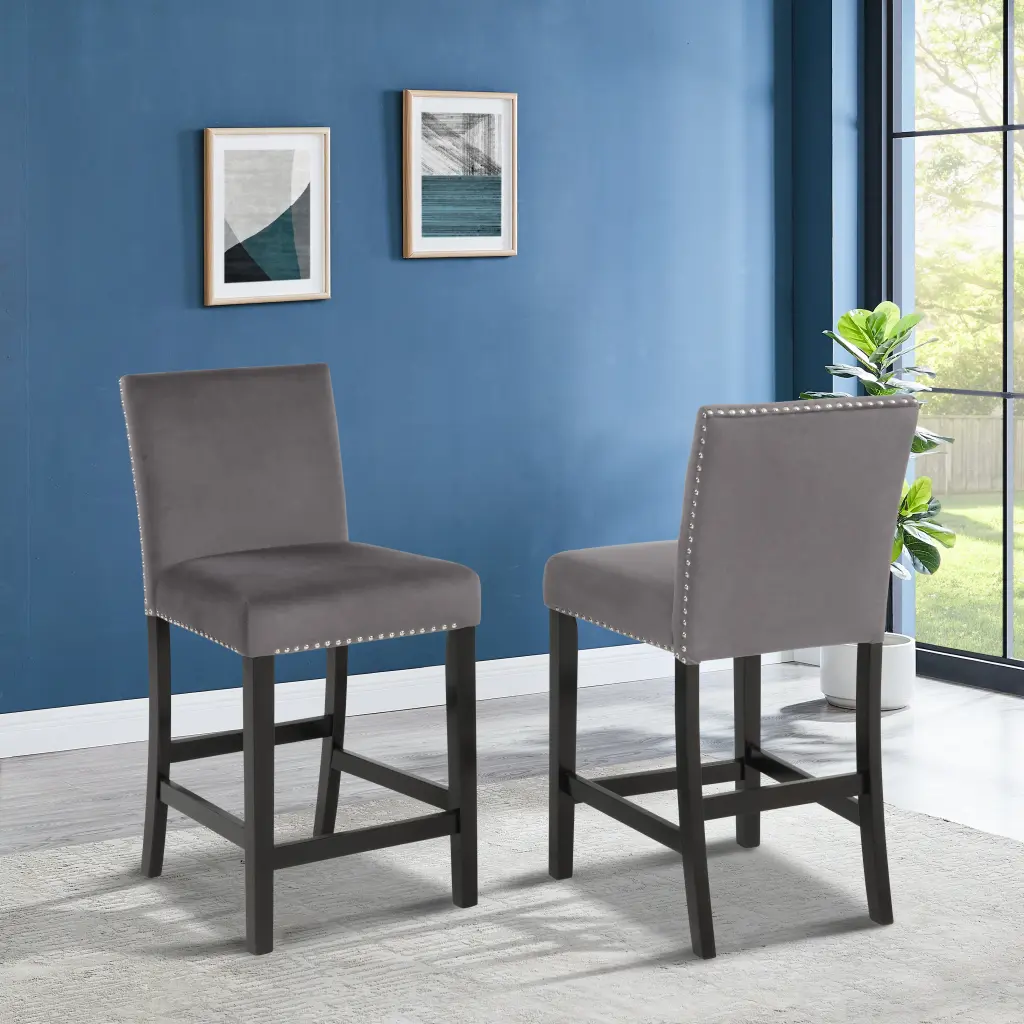 Cobre Contemporary Velvet Counter Stool Trim, Set 2 Gray hz