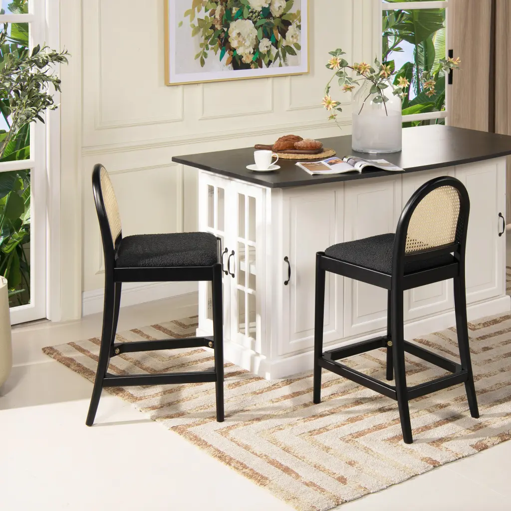 Panama 26.5 Inch Curved Back Cane Rattan Counter Stool Set 2 Ebony Black jennifer taylor home