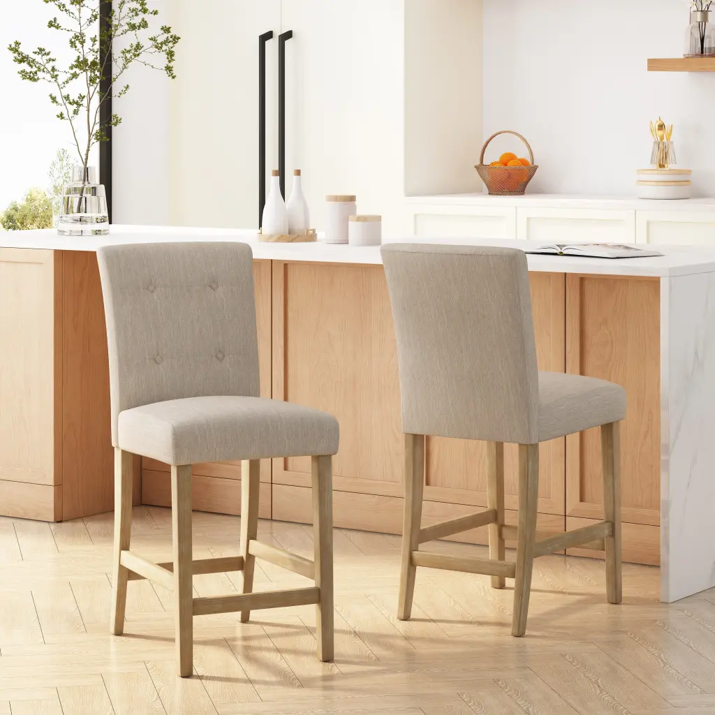 Contemporary Button Tufted 26 Inch Counter Stools Set 2 Beige Fabric Bar Stools nh-onfind
