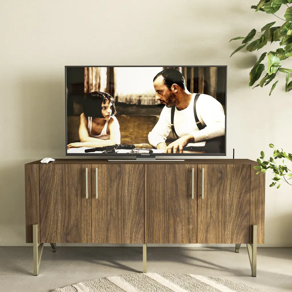 Roomfitters 65 Mid Century Modern TV Stand Walnut Credenza Gold Metal Legs