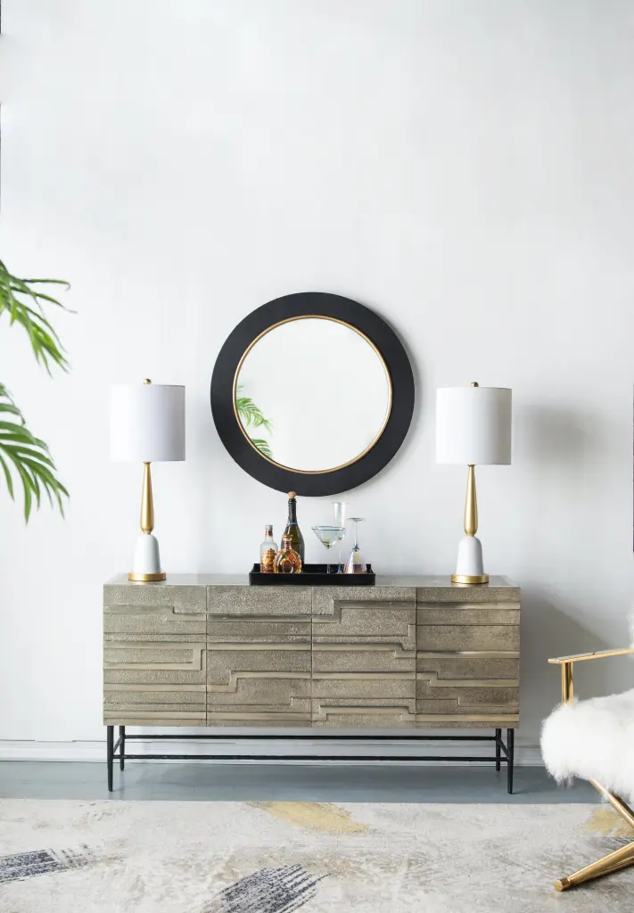 59X14.5X30 Inch Linear 4 Door Credenza Black And Silver Brass w2078