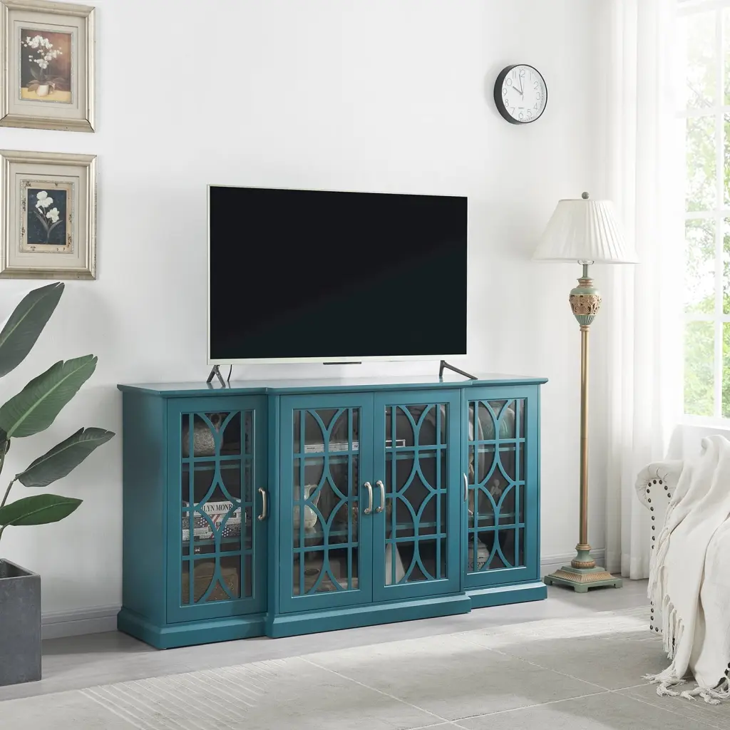 63-Inch TV Stand Sideboard Buffet 65-Inch TVs - Teal Blue Slatted Media Console Living Room EYBOE