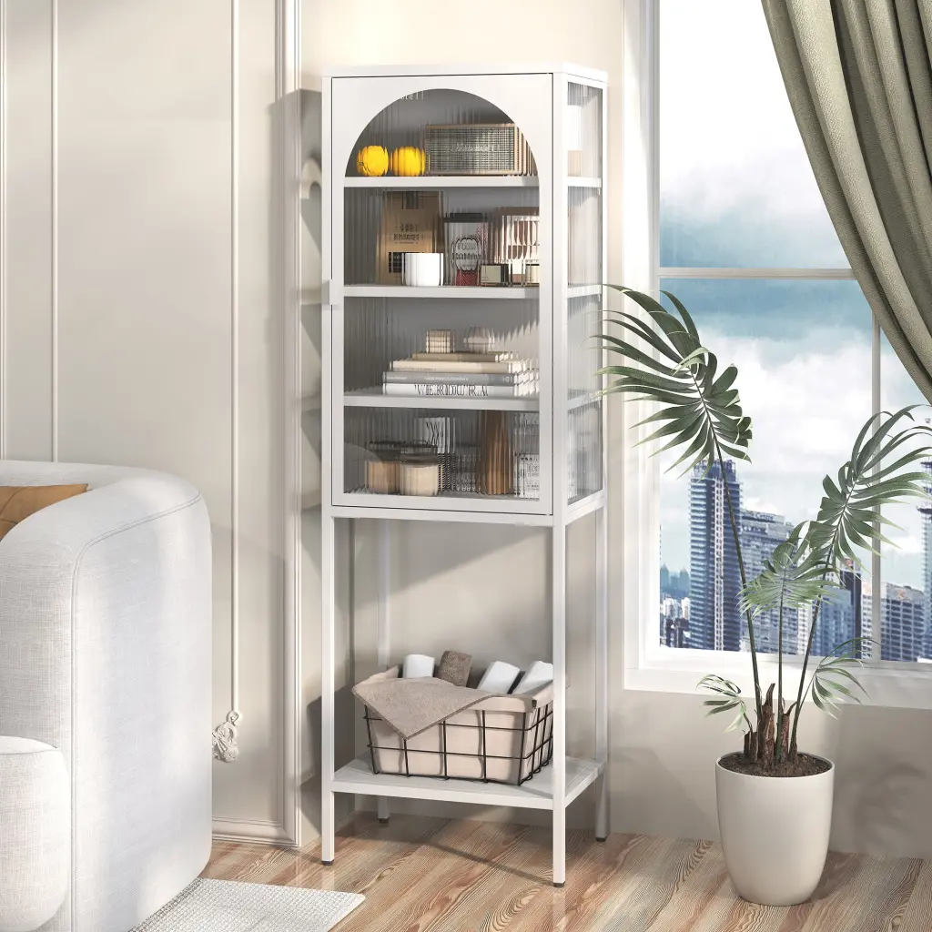 Metal Glass Door Storage Cabinet 5 Tier Cube Bookshelf Modern Organizer makeace home furniture