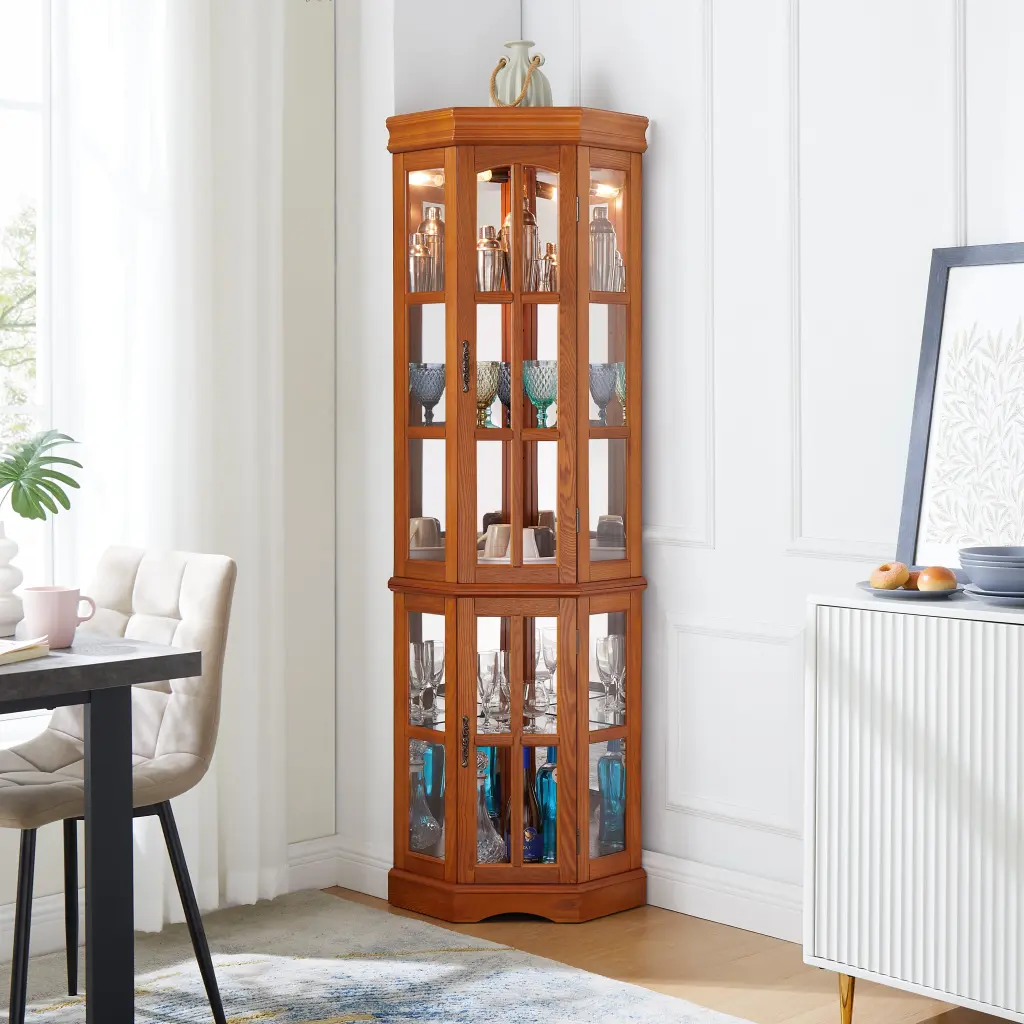 Corner Curio Cabinet 5 Shelves And Lighting System Oak E26 Light Display harmony