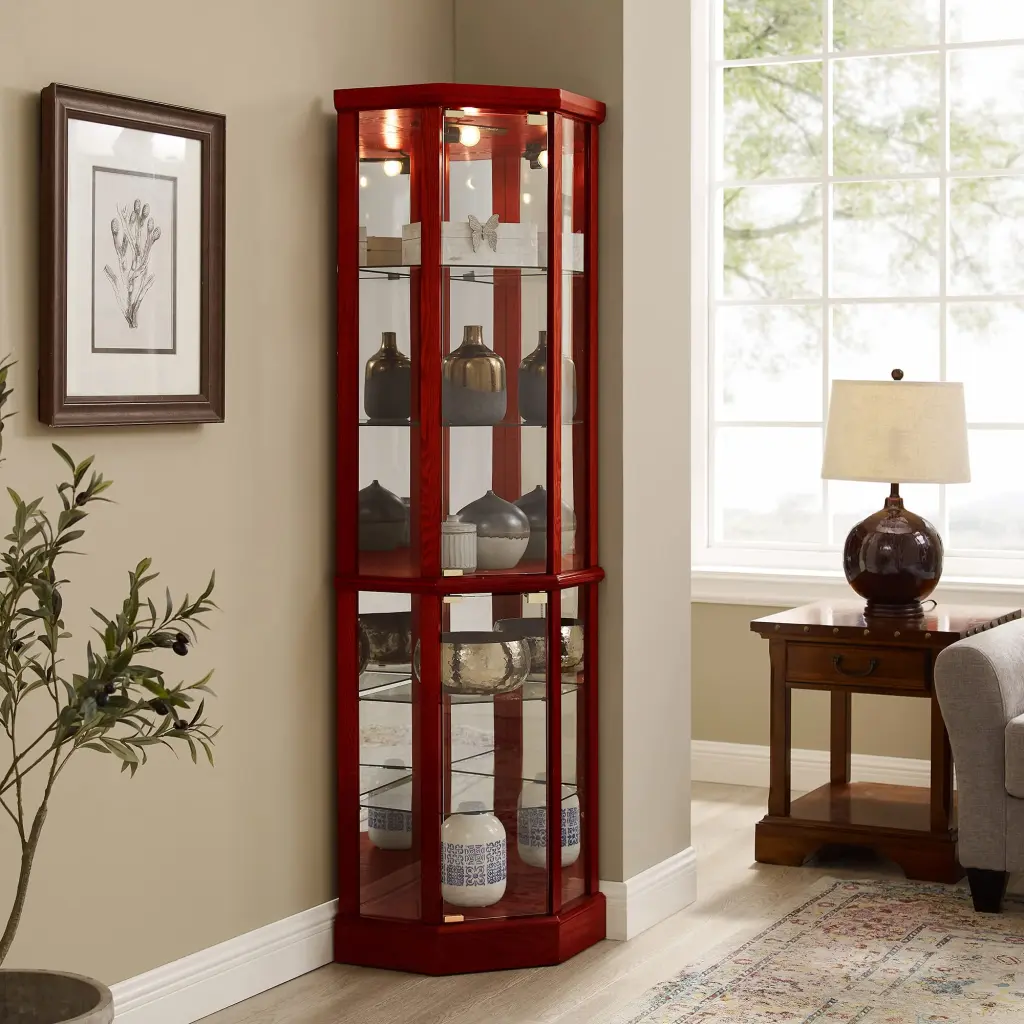 6 Shelf Lighted Corner Curio Cabinet Customizable Tempered Glass harmony