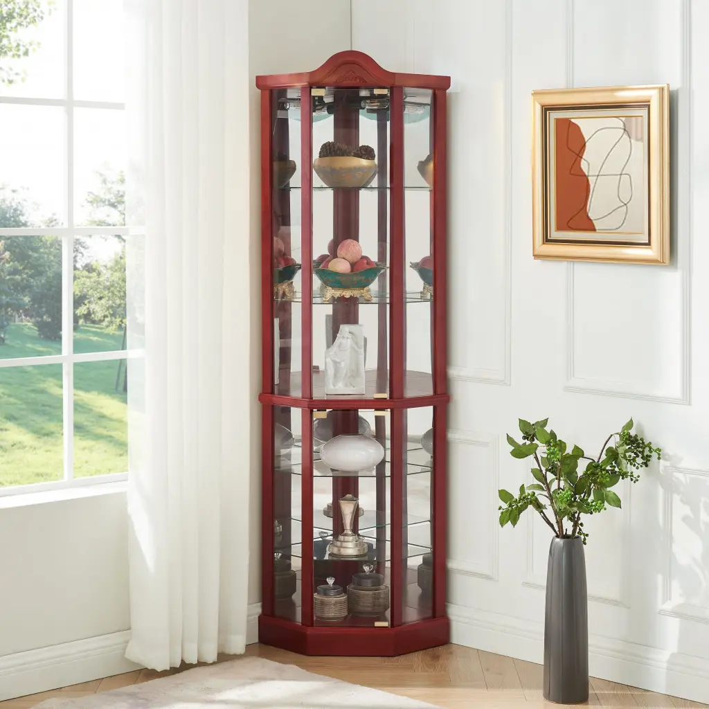 Glass Corner Cabinet Lighted Curio Cabinet Display Shelf Collectibles rnb