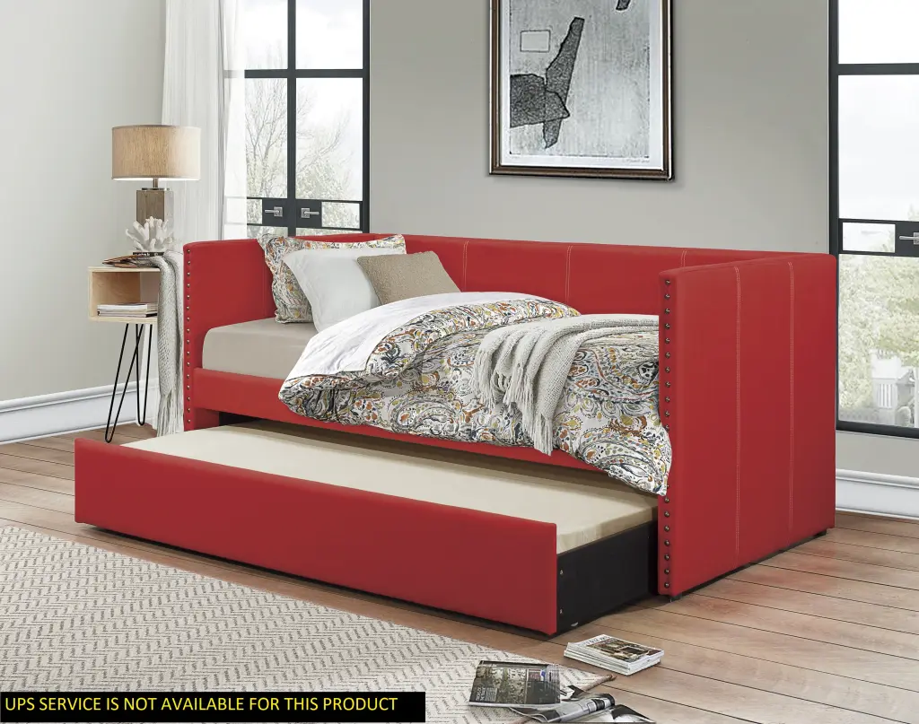 Red Upholstered Day Bed Pull Out Trundle and Timber Frame kanepe