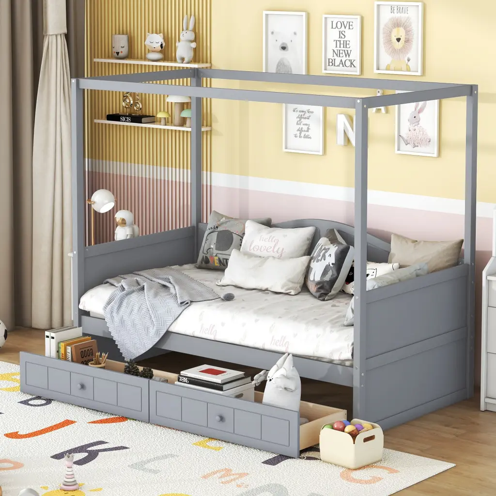Twin Size Canopy Day Bed 2 Drawers Gray Solid Wood MDF lucky furniture
