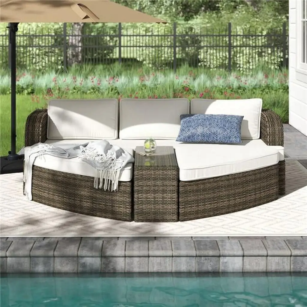 Patio Garden Daybed Coffee Table Brown Beige Cushion KD Marco de la cama