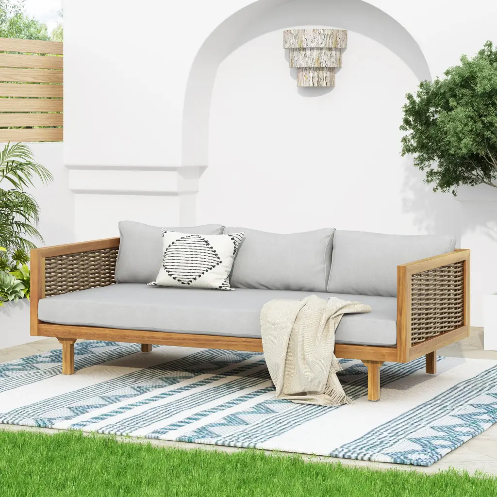 Claremont 3 Seater Daybed Rattan Arms And Light Grey Cushion Teak Wood Frame nh-cloudhouse