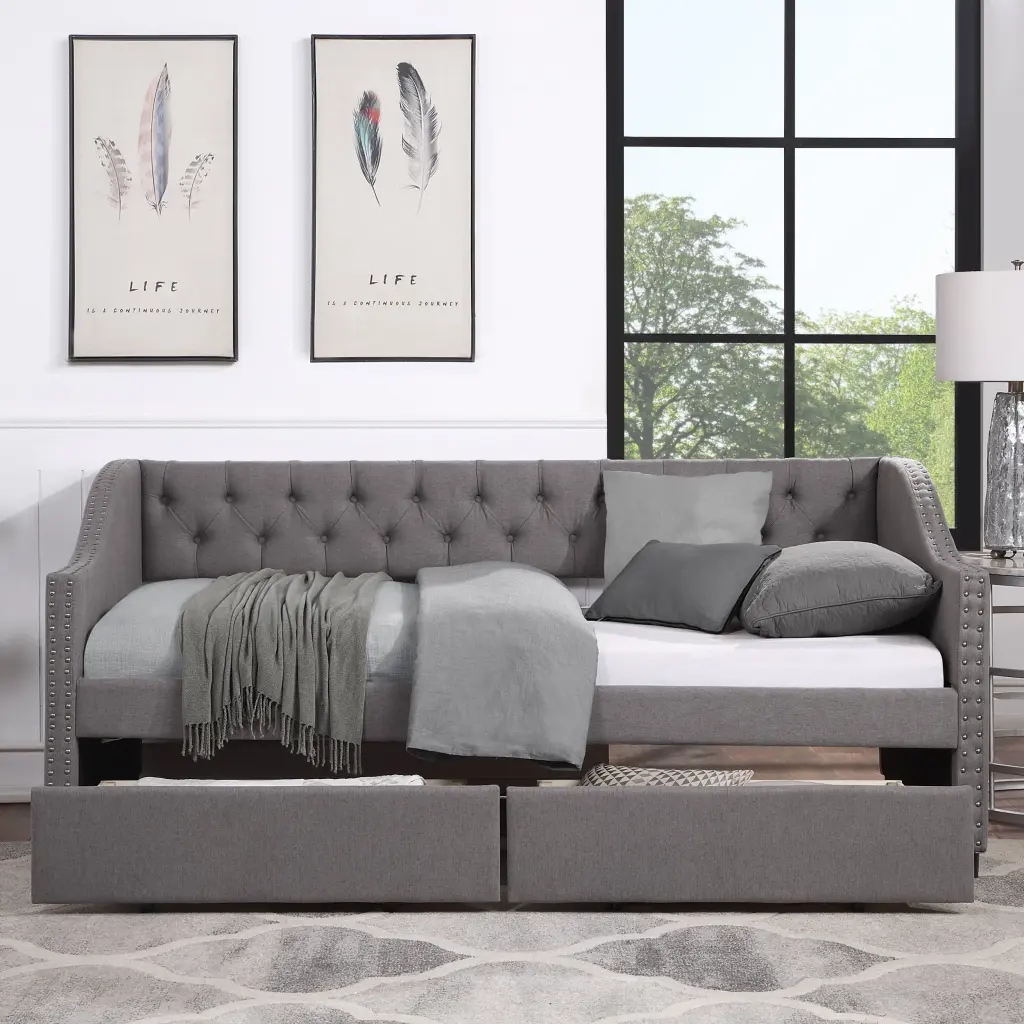 Upholstered Twin Daybed Two Drawers Wood Slat Support Gray lucky furniture