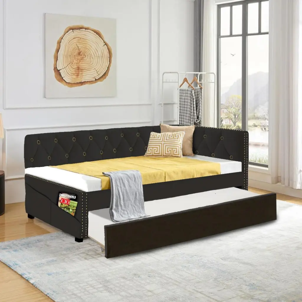 Black Upholstered Twin Size Daybed Bed Frame Corner Bed Trundle serene home