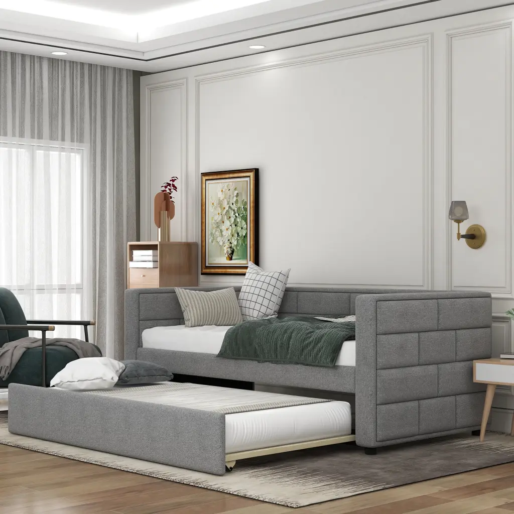 Twin Dimensions Upholstered Daybed Trundle and Padded Back Guest Room or Living Space wm store
