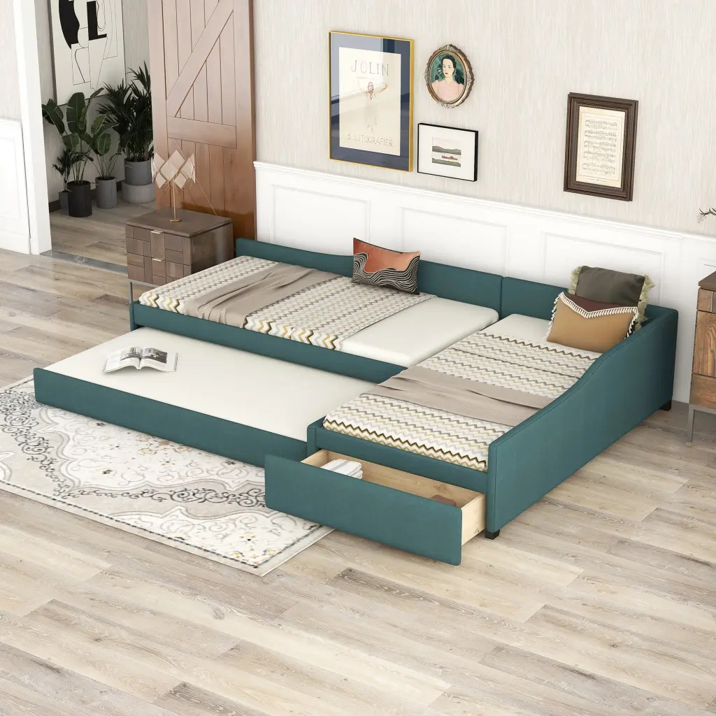 Upholstered Double Twin Daybed Trundle and Drawer Green Twin Size Guest Room wm store