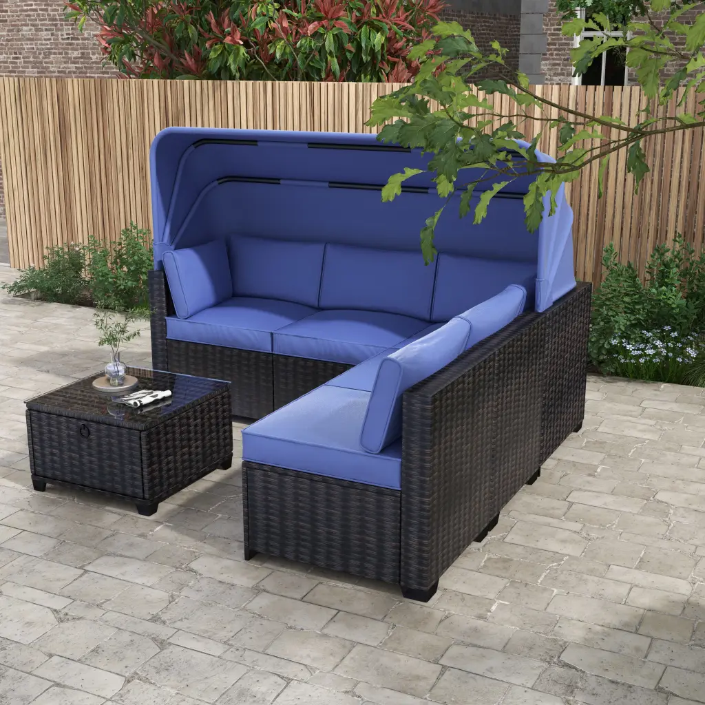 Outdoor Daybed Canopy Convertible Patio Sofa Set Lifting Table aollyhome