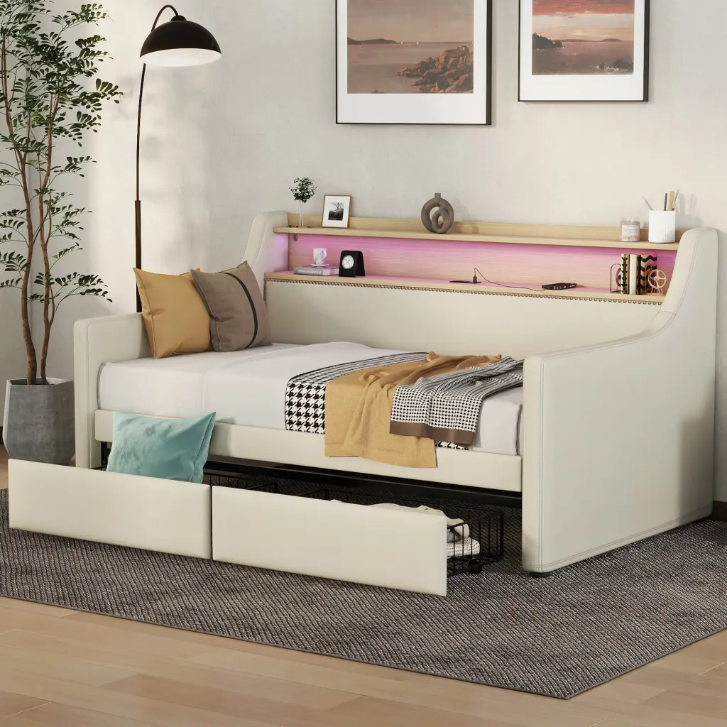 Twin Dimensions Upholstered Daybed Storage Drawers and Charging Station bonwell
