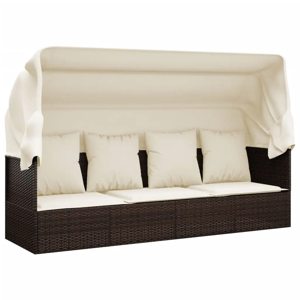 Brown Poly Rattan Patio Lounge Bed Roof and Cushions Outdoor Daybed