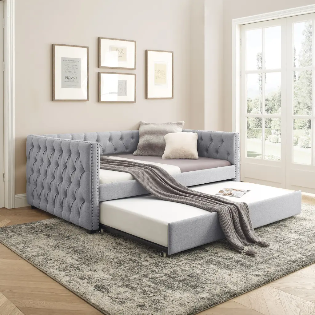 Daybed Trundle Upholstered Tufted Sofa Bed Button And Copper chuangyuan smart home
