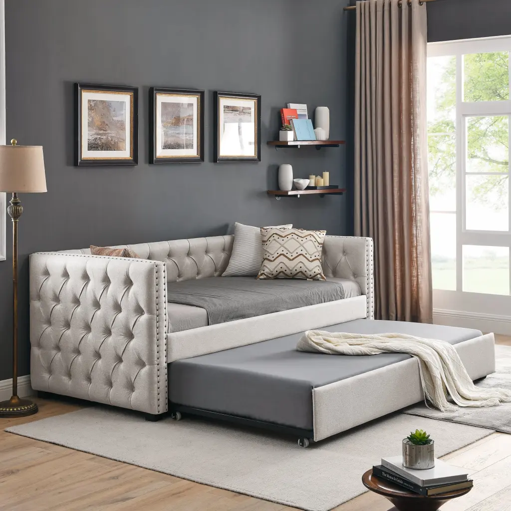 Daybed Trundle Upholstered Tufted Sofa Bed Button And Copper Nailhead Trim chuangyuan smart home