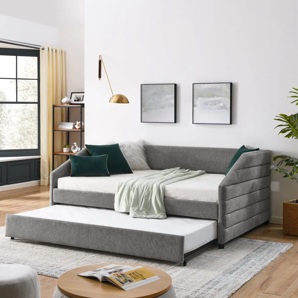Full Daybed Trundle Upholstered Tufted Sofa Bed Linen chuangyuan smart home