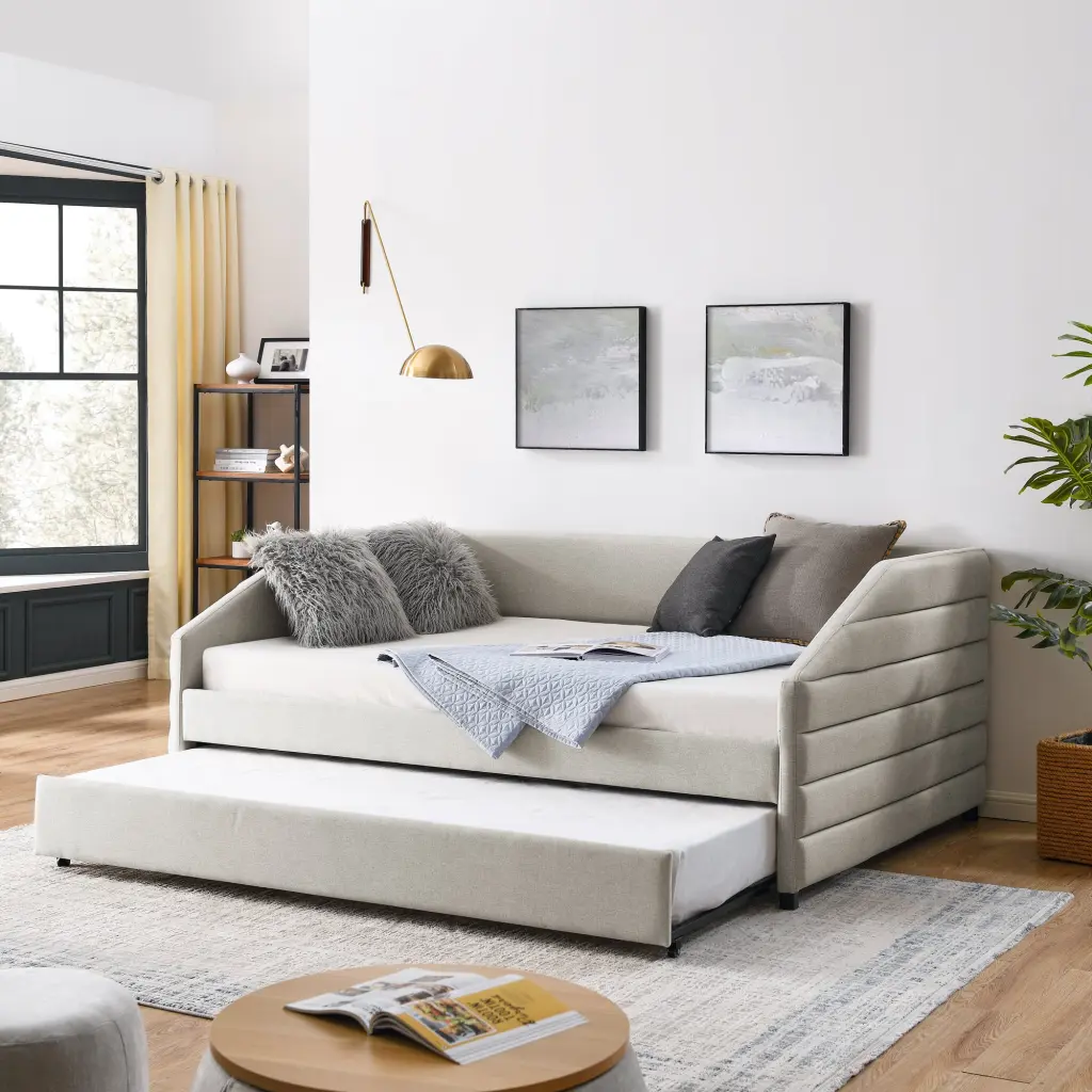 Full Size Upholstered Tufted Daybed Trundle Linen Fabric chuangyuan smart home