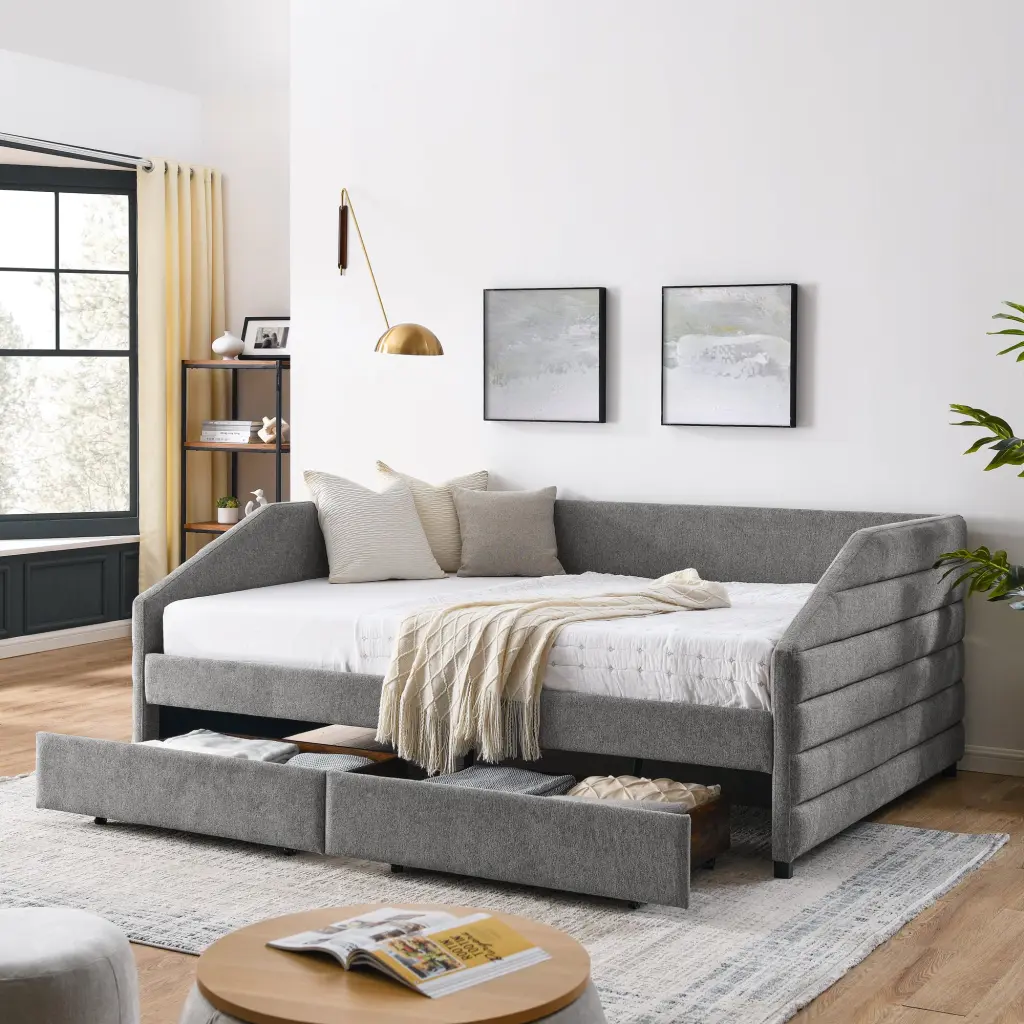Queen Daybed Two Drawers Trundle Upholstered Tufted Sofa Bed chuangyuan smart home
