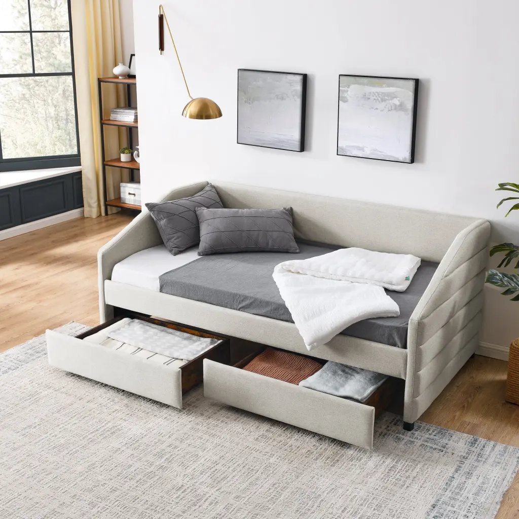 Twin Size Daybed Two Drawers Trundle Upholstered Tufted Sofa Bed Small Spaces chuangyuan smart home