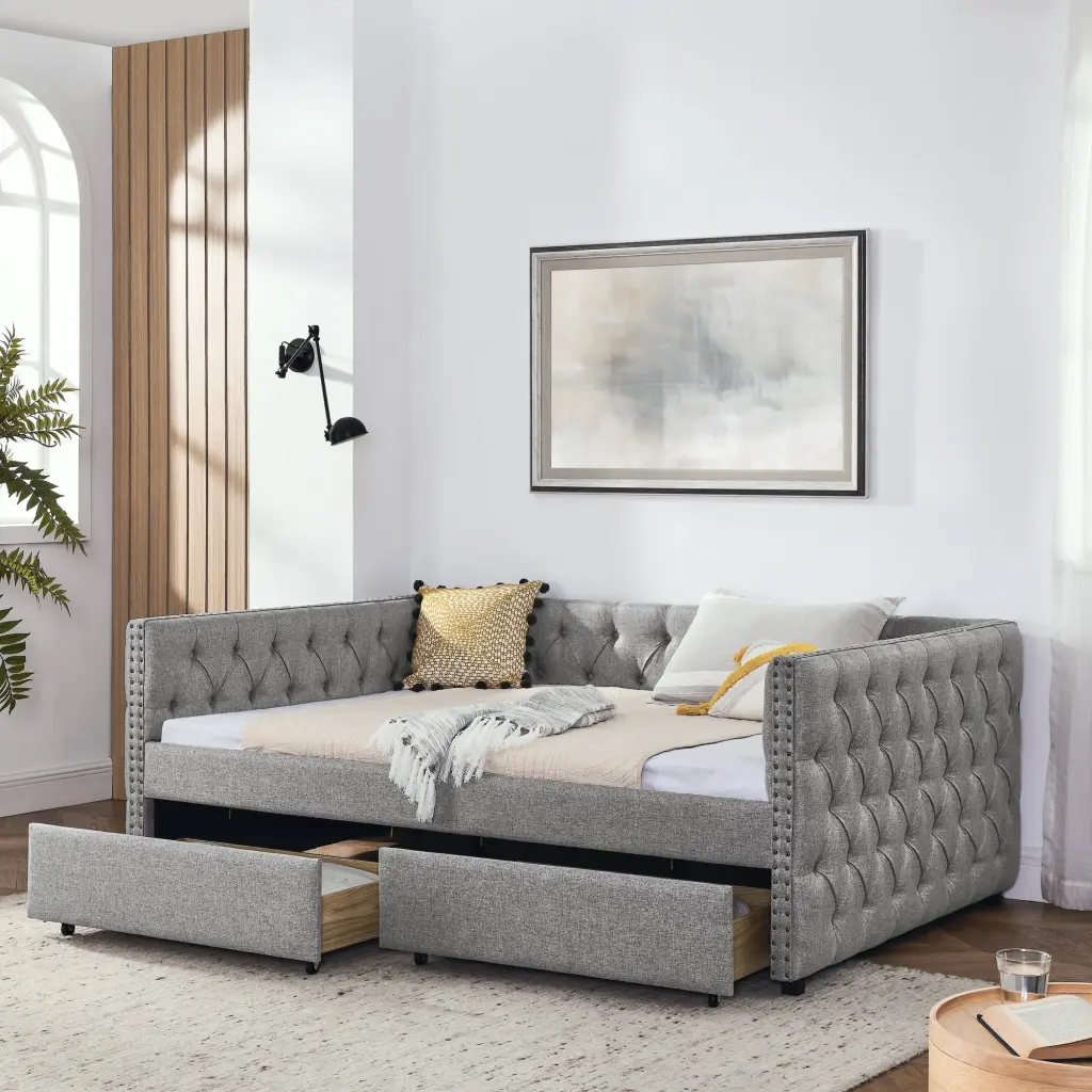 Upholstered Full Dimensions Daybed Two Drawers Button And Copper chuangyuan smart home